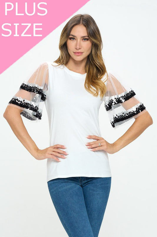 Sequenced Shiny Detail sleeve Shoulder cut top -  Nueva Moda Boutique By Giselly 