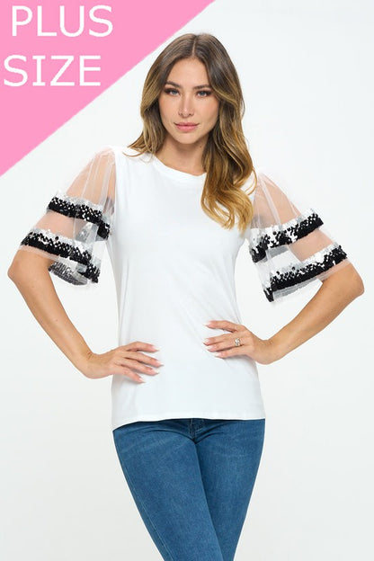 Sequenced Shiny Detail sleeve Shoulder cut top -  Nueva Moda Boutique By Giselly 