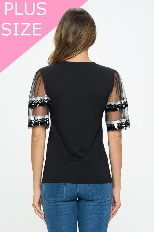 Sequenced Shiny Detail sleeve Shoulder cut top -  Nueva Moda Boutique By Giselly 