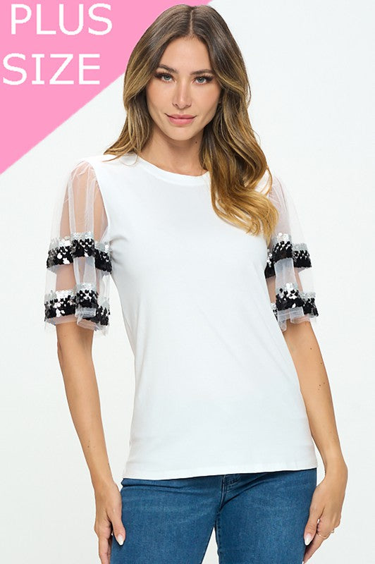 Sequenced Shiny Detail sleeve Shoulder cut top -  Nueva Moda Boutique By Giselly 