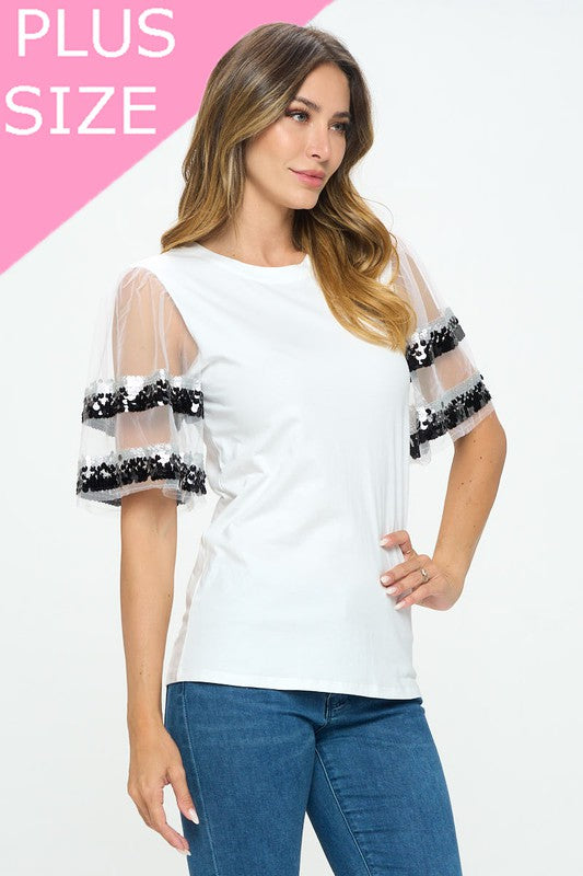 Sequenced Shiny Detail sleeve Shoulder cut top -  Nueva Moda Boutique By Giselly 