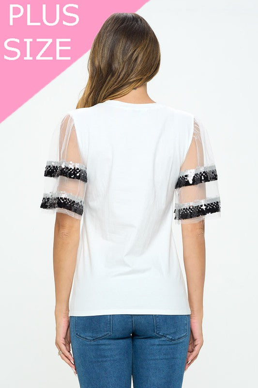Sequenced Shiny Detail sleeve Shoulder cut top -  Nueva Moda Boutique By Giselly 