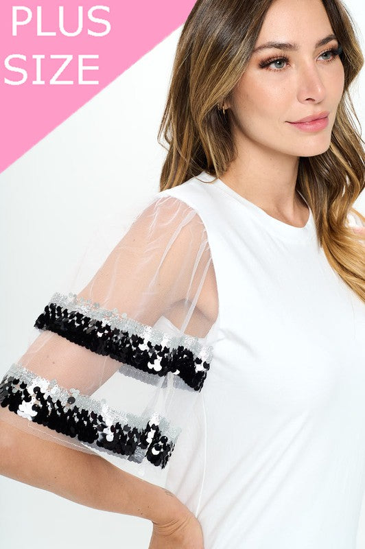 Sequenced Shiny Detail sleeve Shoulder cut top -  Nueva Moda Boutique By Giselly 