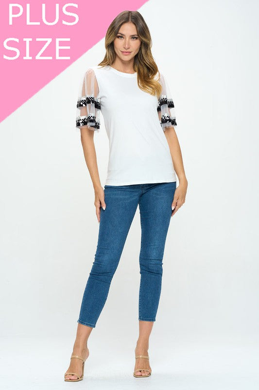 Sequenced Shiny Detail sleeve Shoulder cut top -  Nueva Moda Boutique By Giselly 