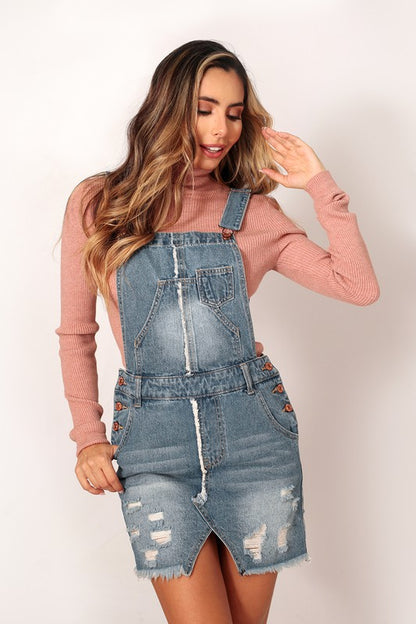 FRAYED DETAILED DISTRESSED SHORT OVERALL SKIRT -  Nueva Moda Boutique By Giselly 