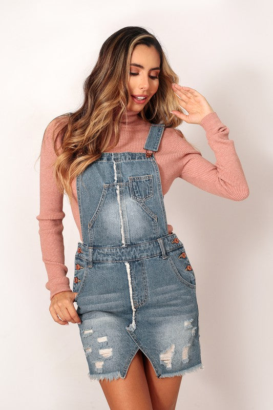 FRAYED DETAILED DISTRESSED SHORT OVERALL SKIRT -  Nueva Moda Boutique By Giselly 