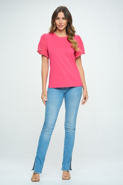 Crochet with Pearl Detail Sleeve Top -  Nueva Moda Boutique By Giselly 