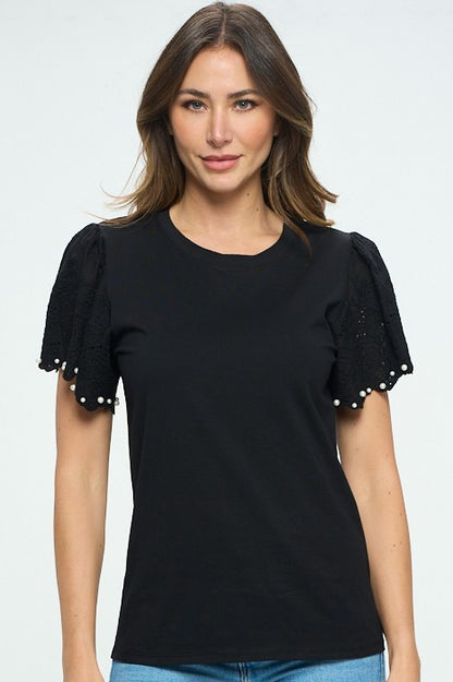 Crochet with Pearl Detail Sleeve Top -  Nueva Moda Boutique By Giselly 