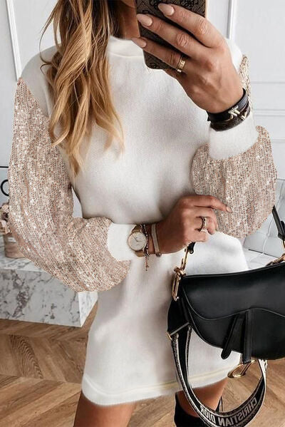 Sequin Long Sleeve Round Neck Mini Dress -  Nueva Moda Boutique By Giselly 