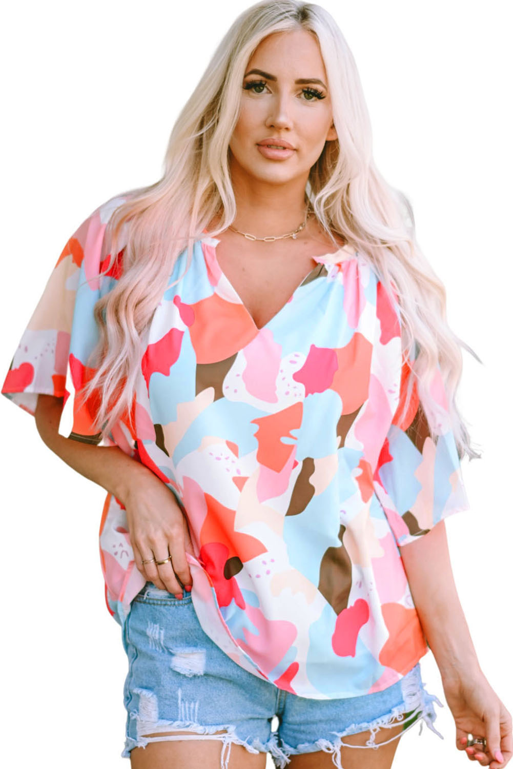 Printed Notched Neck Half Sleeve Blouse -  Nueva Moda Boutique By Giselly 