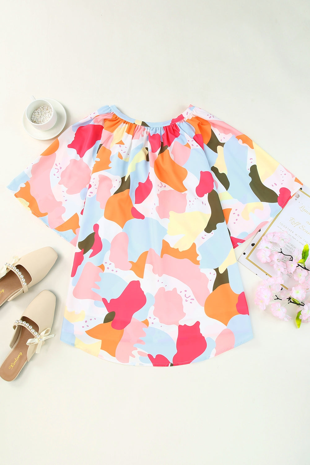 Printed Notched Neck Half Sleeve Blouse -  Nueva Moda Boutique By Giselly 