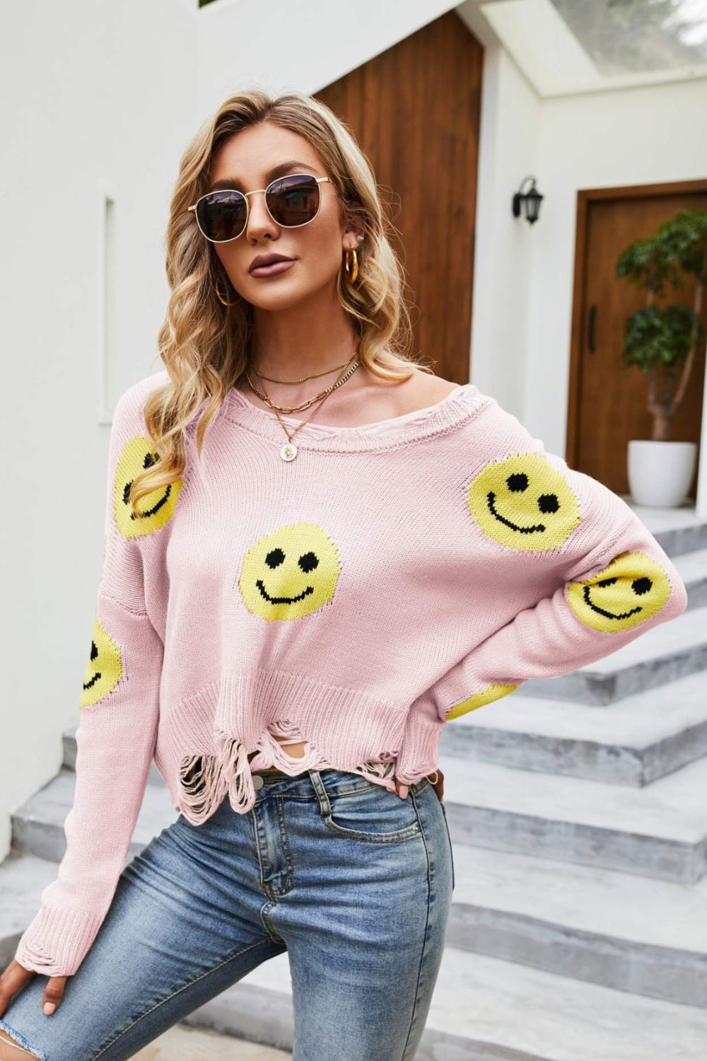 Smiley Face Distressed Round Neck Sweater -  Nueva Moda Boutique By Giselly 