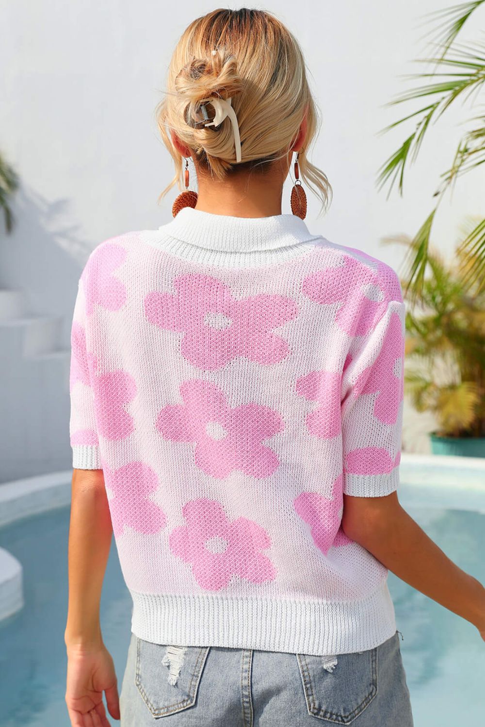 Floral Johnny Collar Half Sleeve Knit Top -  Nueva Moda Boutique By Giselly 