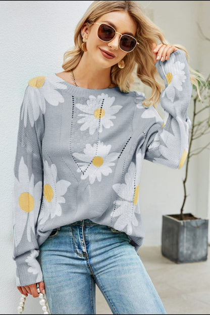 Daisy Print Openwork Round Neck Sweater -  Nueva Moda Boutique By Giselly 
