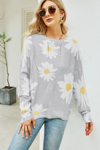 Daisy Print Openwork Round Neck Sweater -  Nueva Moda Boutique By Giselly 