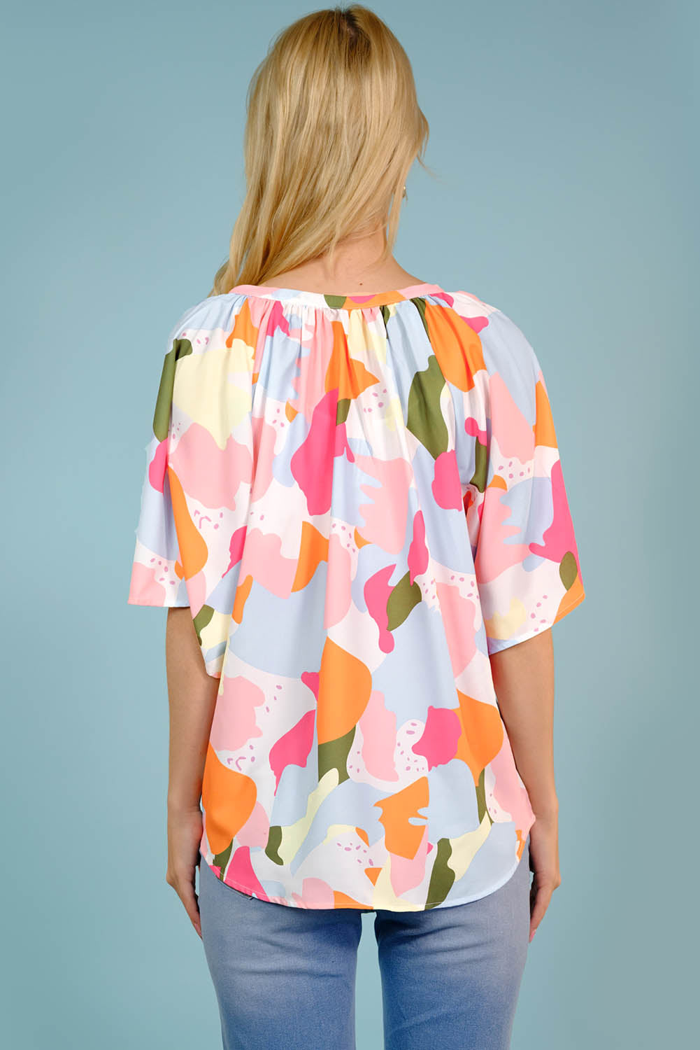 Printed Notched Neck Half Sleeve Blouse -  Nueva Moda Boutique By Giselly 