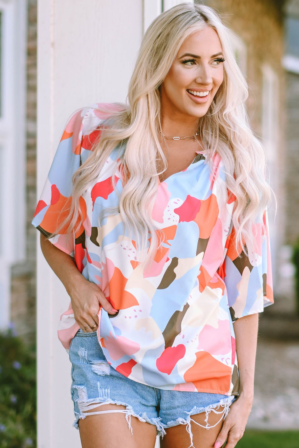 Printed Notched Neck Half Sleeve Blouse -  Nueva Moda Boutique By Giselly 