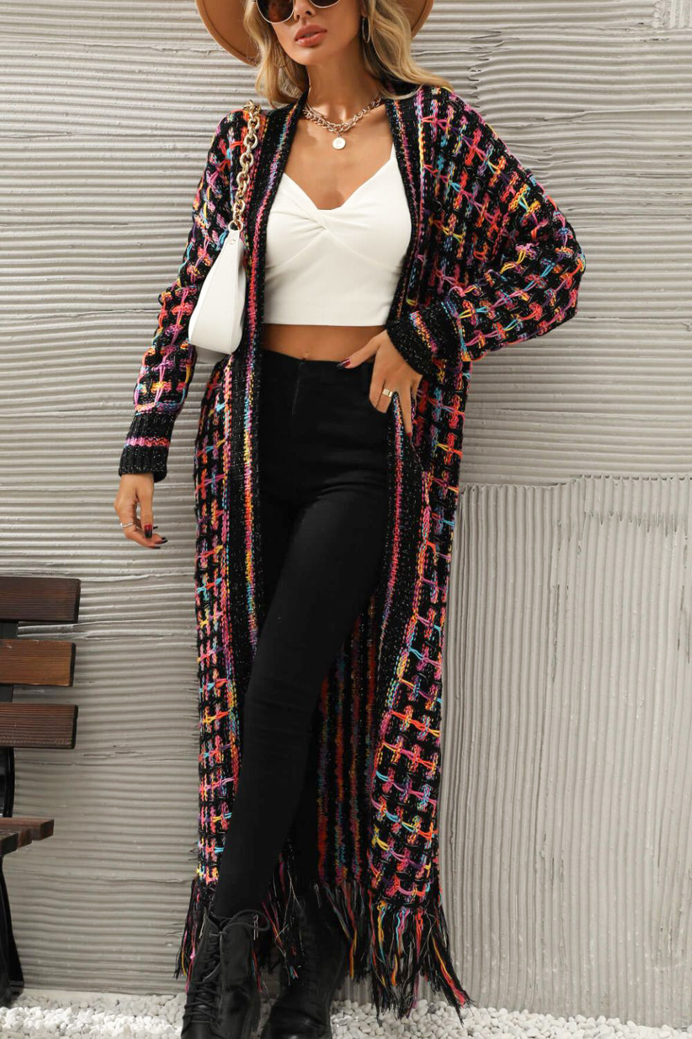 Multicolored Open Front Fringe Hem Cardigan -  Nueva Moda Boutique By Giselly 