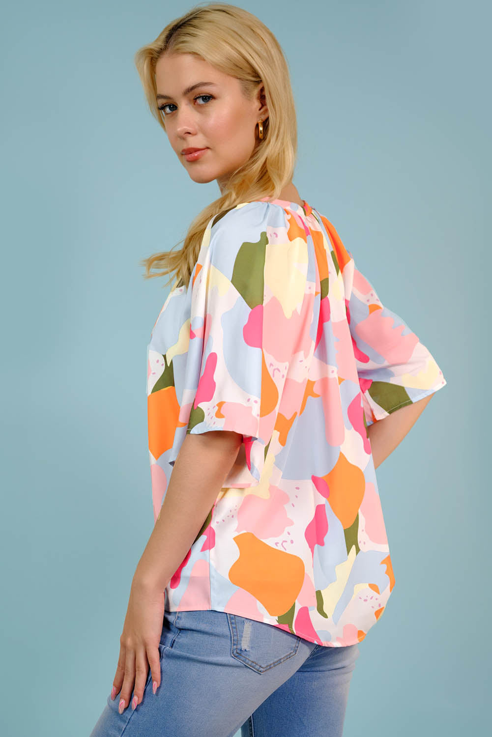 Printed Notched Neck Half Sleeve Blouse -  Nueva Moda Boutique By Giselly 