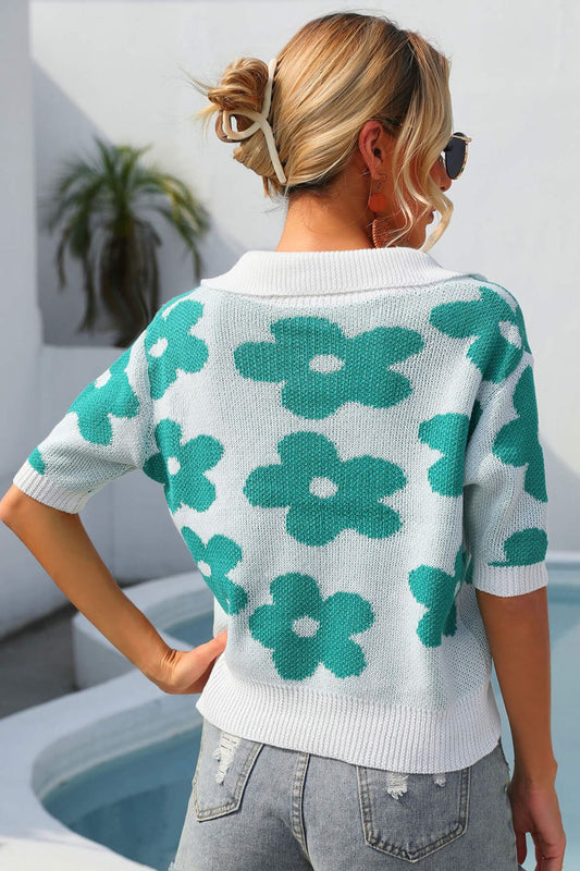 Floral Johnny Collar Half Sleeve Knit Top -  Nueva Moda Boutique By Giselly 