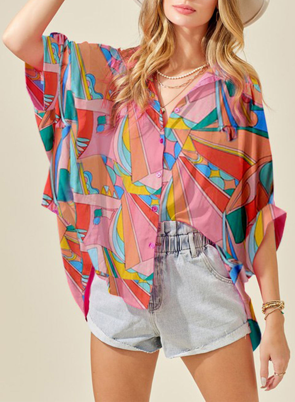 Printed Dolman Sleeve Collared Shirt -  Nueva Moda Boutique By Giselly 