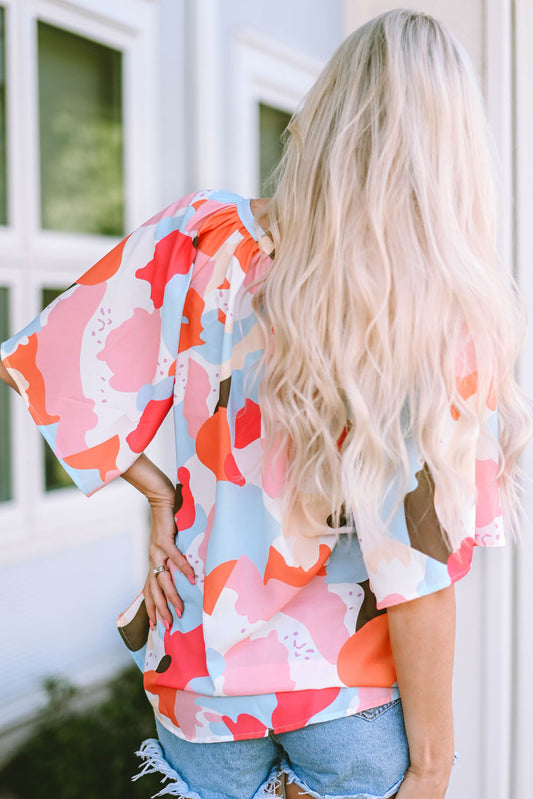 Printed Notched Neck Half Sleeve Blouse -  Nueva Moda Boutique By Giselly 