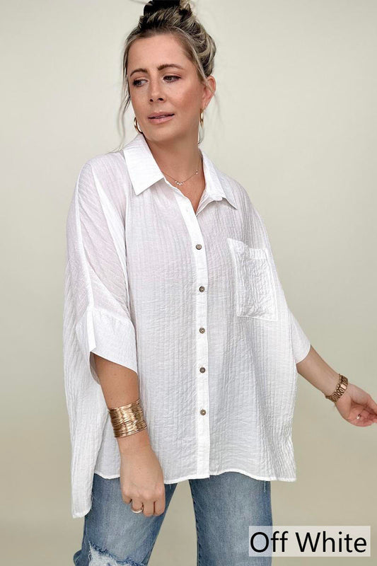 Umgee Pleated Batwing Short Sleeve Button Up Top -  Nueva Moda Boutique By Giselly 