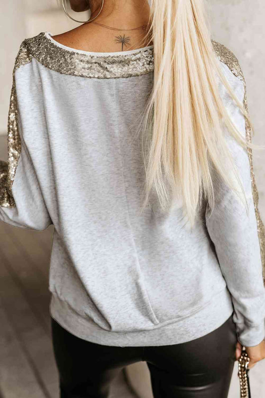 Sequin V-Neck Sweatshirt -  Nueva Moda Boutique By Giselly 