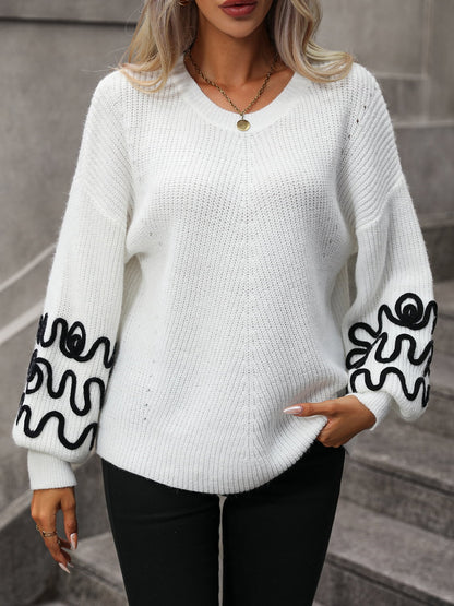Contrast Drop Shoulder Round Neck Sweater -  Nueva Moda Boutique By Giselly 