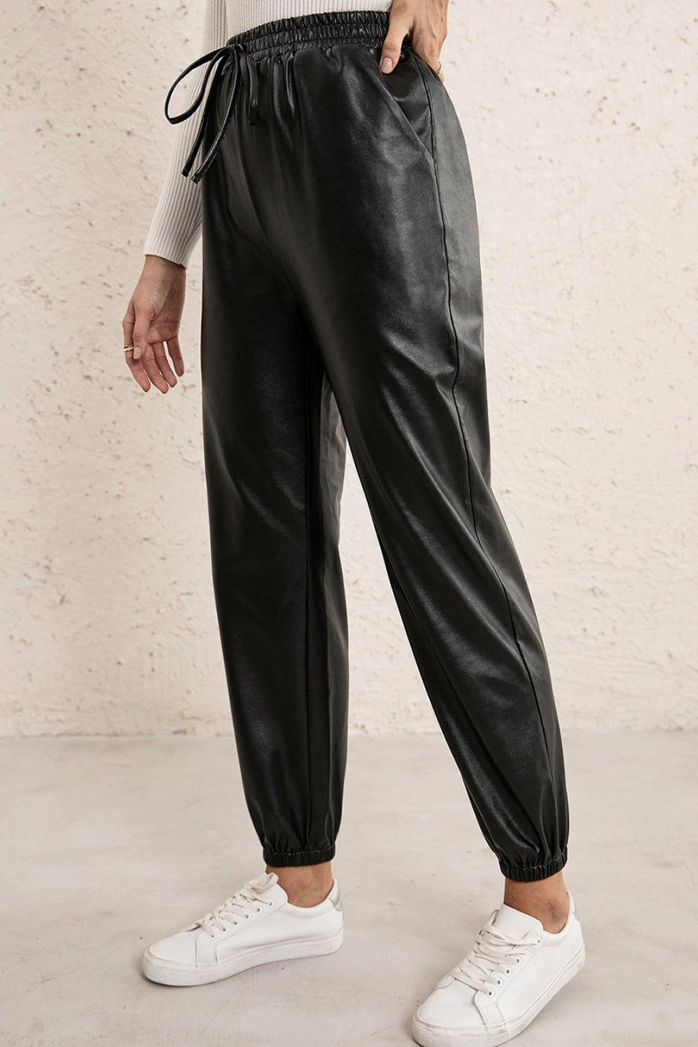 Elastic Waist PU Leather Joggers -  Nueva Moda Boutique By Giselly 
