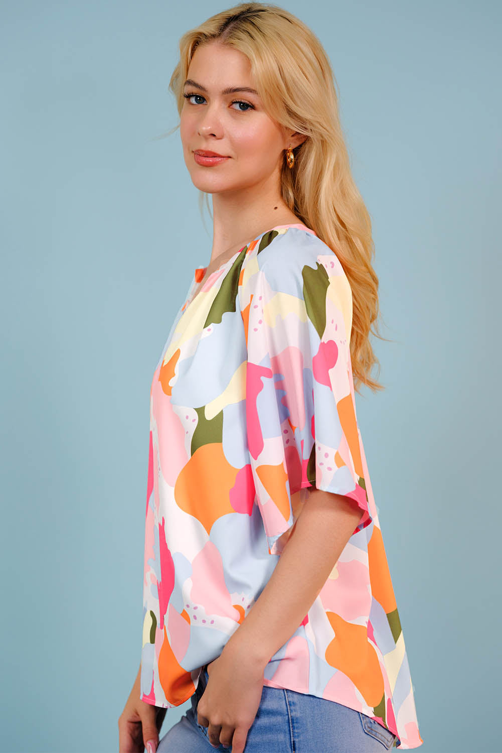 Printed Notched Neck Half Sleeve Blouse -  Nueva Moda Boutique By Giselly 