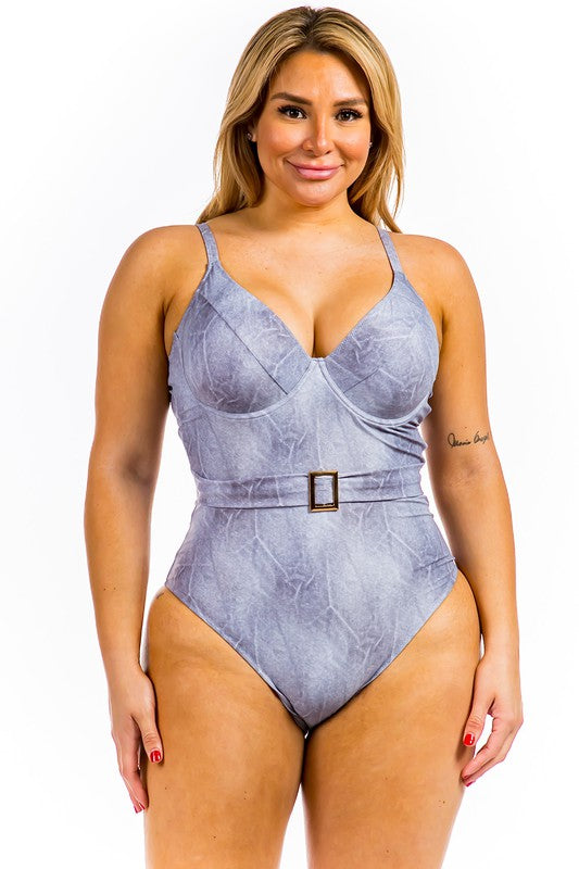 One Piece Buckle Belt embellish Denim Swimsuit -  Nueva Moda Boutique By Giselly 