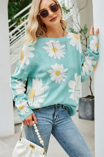 Daisy Print Openwork Round Neck Sweater -  Nueva Moda Boutique By Giselly 