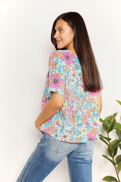 Double Take Floral Round Neck Babydoll Top -  Nueva Moda Boutique By Giselly 