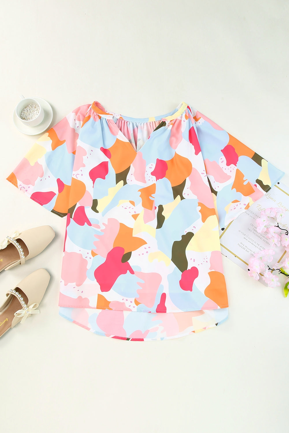 Printed Notched Neck Half Sleeve Blouse -  Nueva Moda Boutique By Giselly 