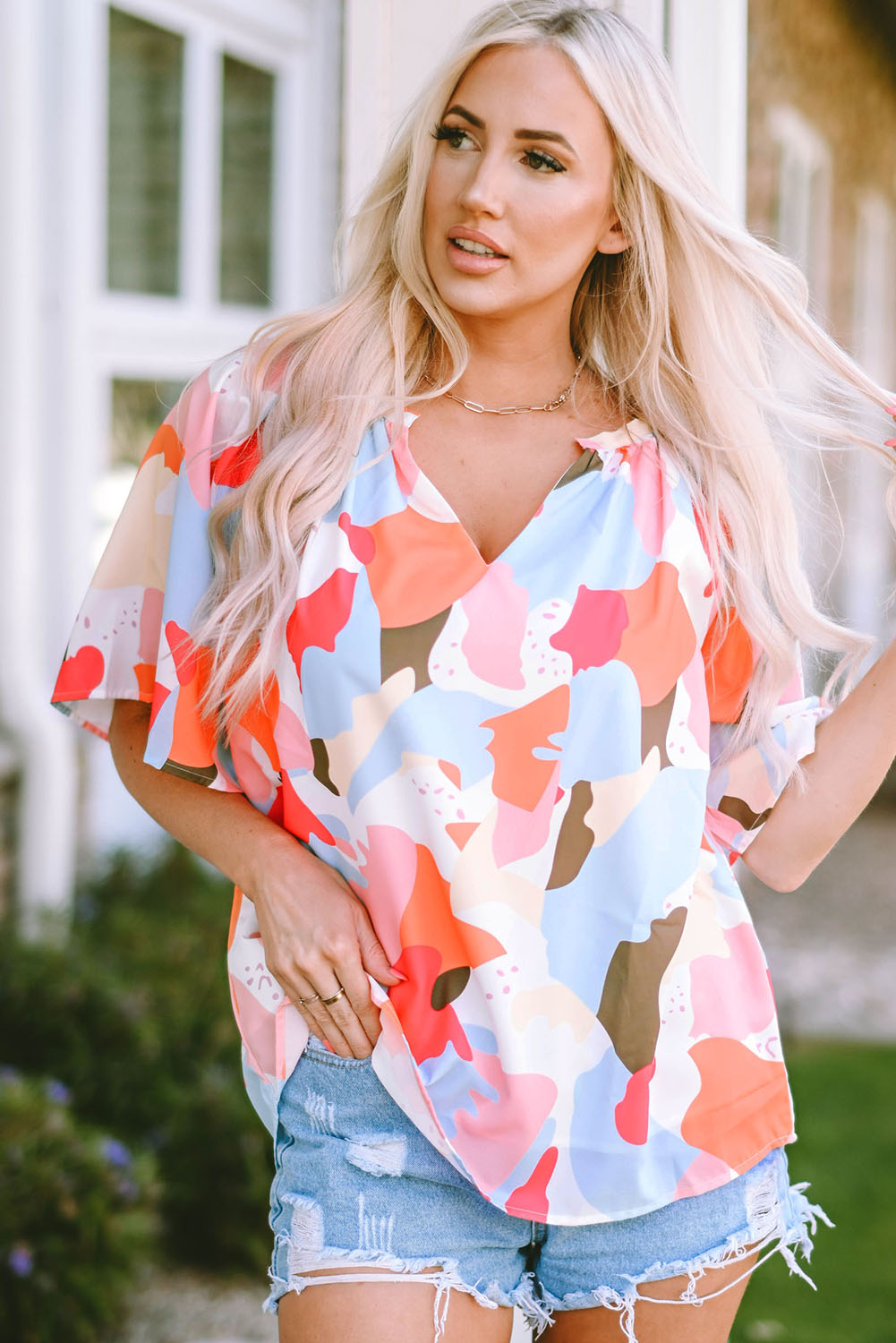 Printed Notched Neck Half Sleeve Blouse -  Nueva Moda Boutique By Giselly 