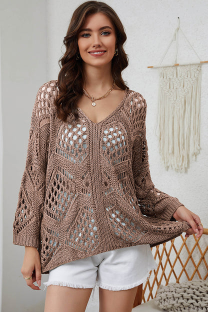 Openwork V-Neck Sweater -  Nueva Moda Boutique By Giselly 