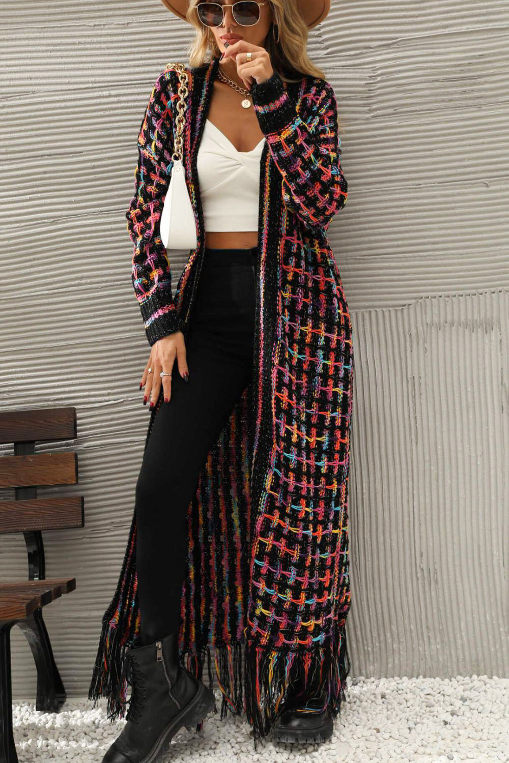 Multicolored Open Front Fringe Hem Cardigan -  Nueva Moda Boutique By Giselly 