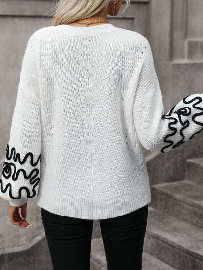 Contrast Drop Shoulder Round Neck Sweater -  Nueva Moda Boutique By Giselly 