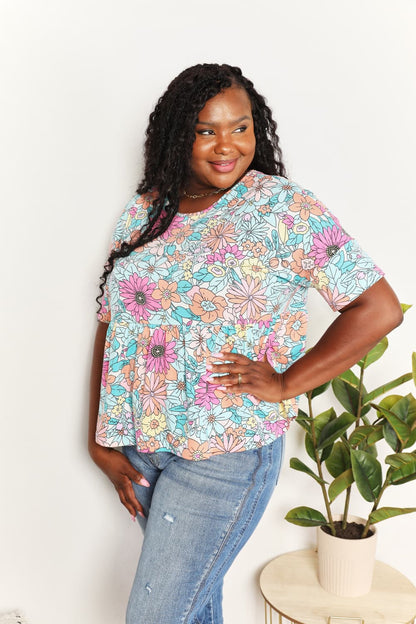 Double Take Floral Round Neck Babydoll Top -  Nueva Moda Boutique By Giselly 