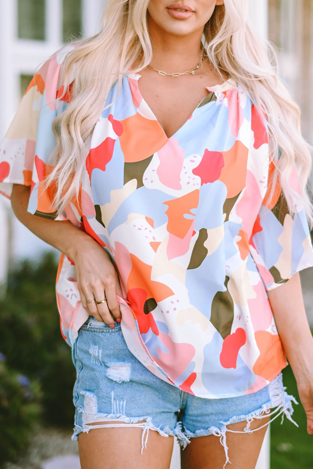 Printed Notched Neck Half Sleeve Blouse -  Nueva Moda Boutique By Giselly 