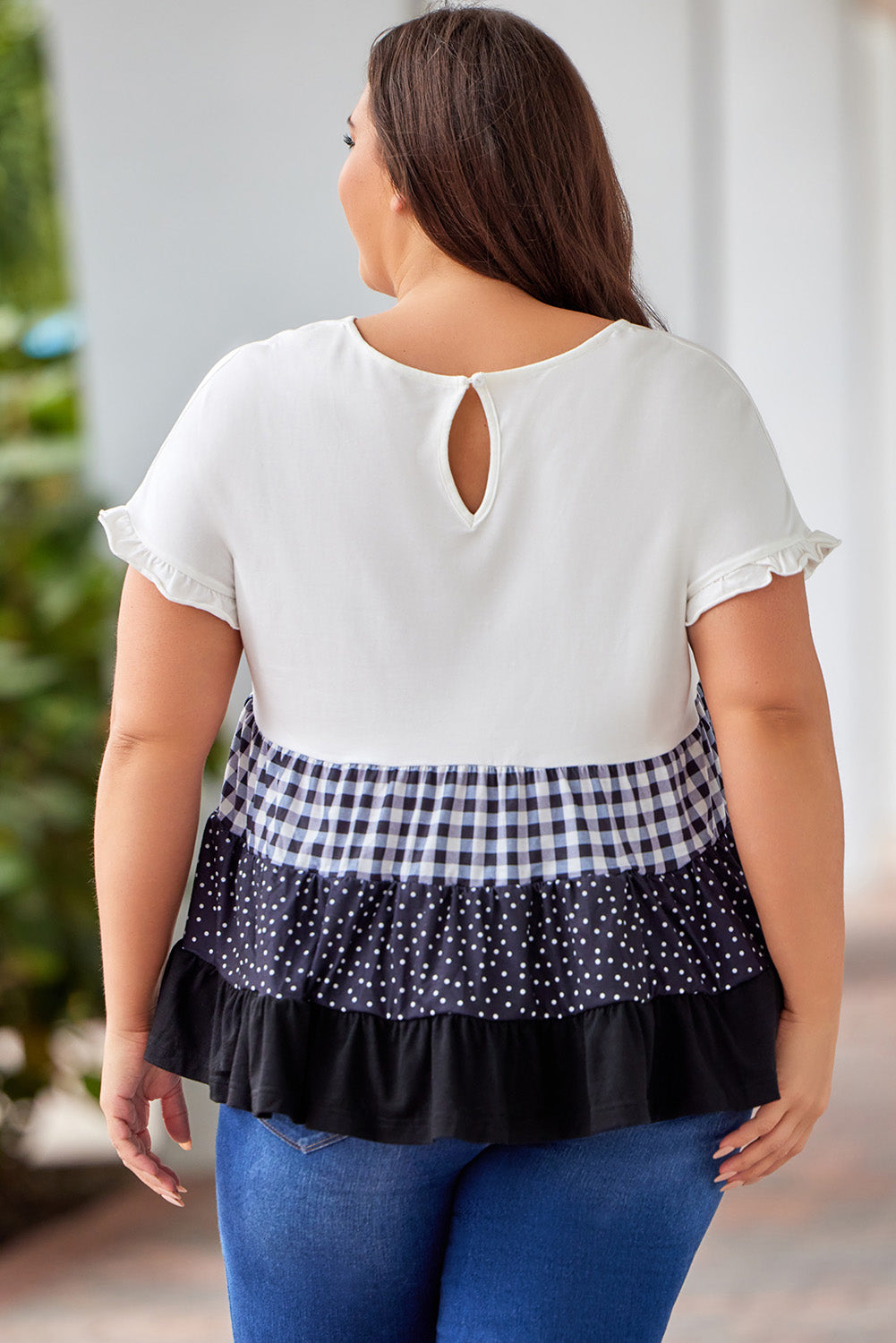 Plus Size Plaid Color Block Tiered Blouse -  Nueva Moda Boutique By Giselly 