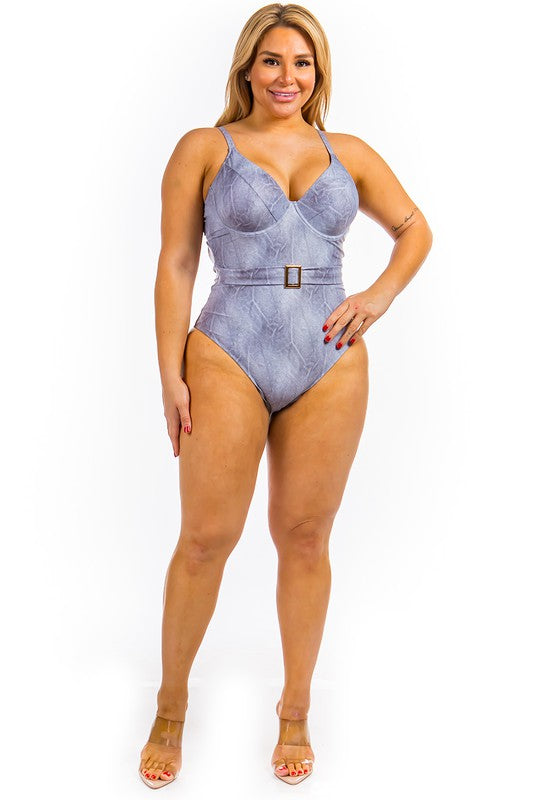 One Piece Buckle Belt embellish Denim Swimsuit -  Nueva Moda Boutique By Giselly 