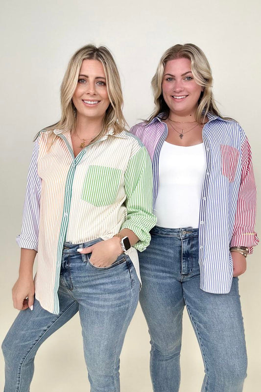 Davi & Dani Multicolor Mixed Stripe Button Front Top -  Nueva Moda Boutique By Giselly 