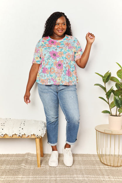 Double Take Floral Round Neck Babydoll Top -  Nueva Moda Boutique By Giselly 