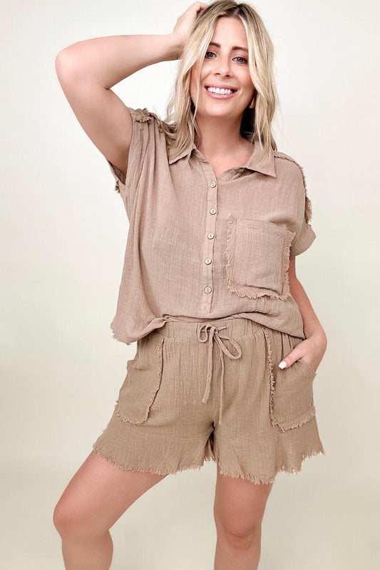 Gigio Flutter Hem Cotton Muslin Shorts with Cut Edge Detail -  Nueva Moda Boutique By Giselly 
