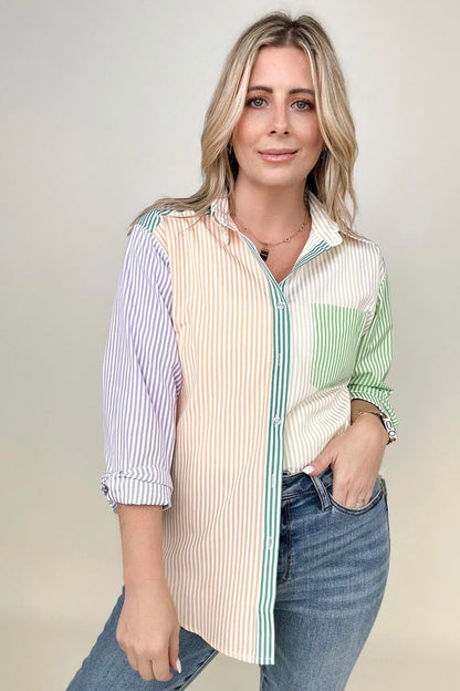 Davi & Dani Multicolor Mixed Stripe Button Front Top -  Nueva Moda Boutique By Giselly 