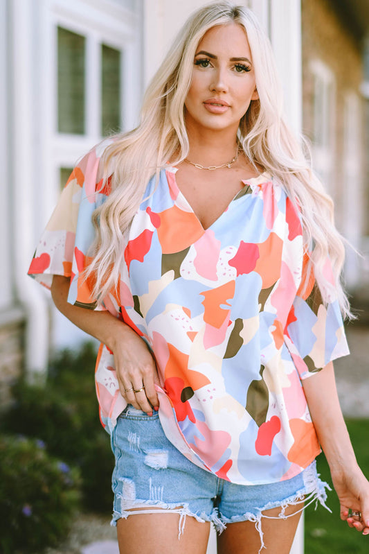 Printed Notched Neck Half Sleeve Blouse -  Nueva Moda Boutique By Giselly 