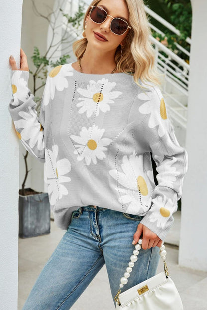 Daisy Print Openwork Round Neck Sweater -  Nueva Moda Boutique By Giselly 