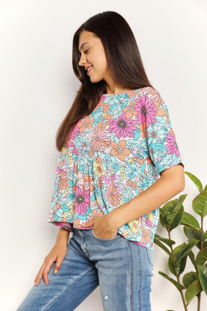 Double Take Floral Round Neck Babydoll Top -  Nueva Moda Boutique By Giselly 